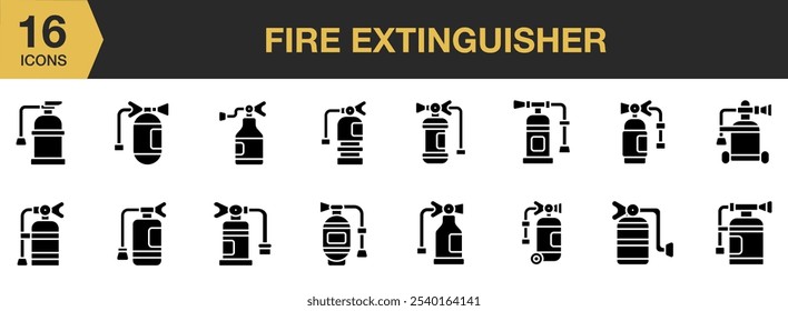 Conjunto de ícones sólidos do Extintor de incêndio. Inclui ícones do Extintor de incêndio e muito mais. Coleção vetorial de ícones sólidos.