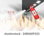 Fire Extinguisher Spraying on Burning Fire in the Building. Vector Illustration. 