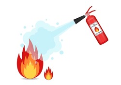 Fire Extinguisher Spraying on Burning Fire. Vector Illustration. 
