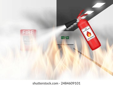 Fire Extinguisher Spraying on Burning Fire in the Building. Vector Illustration. 