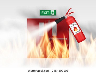 Feuerlöscher Sprühen auf brennendes Feuer im Gebäude. Vektorillustration. 