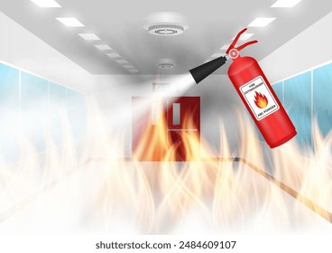 Extintor de incendios rociando en el edificio en llamas. Ilustración vectorial. 