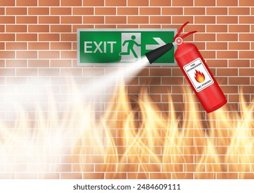 Fire Extinguisher Spraying on Burning Fire in the Building. Vector Illustration. 