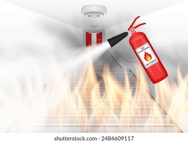 Feuerlöscher Sprühen auf brennendes Feuer im Gebäude. Vektorillustration. 