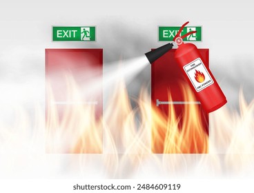 Fire Extinguisher Spraying on Burning Fire in the Building. Vector Illustration. 