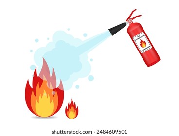 Feuerlöscher sprühen auf brennendes Feuer. Vektorillustration. 