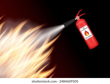 Fire Extinguisher Spraying on Burning Fire. Vector Illustration. 