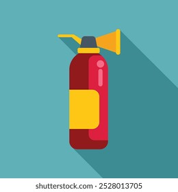 Extintor de incendios de pie con sombra larga sobre fondo azul, ilustración de equipo de fuego