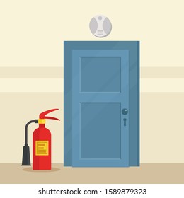 Fire extinguisher standing near the door. Smoke detector is installed on top of wall. Safety at home, office. Fire safety. Vector illustration, flat design.