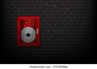 Sistema extintor de incendios en el fondo de la pared de ladrillo negro, potente equipo de emergencia para la industria. herramienta de fuego.ilustración vectorial.