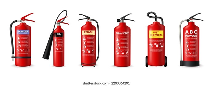 Fire extinguisher type, dry fire fighting powder class, water foam. Different alarm signs, wet chemical co2. Red cylinders with spray hoses. Vector infographic cartoon flat illustration