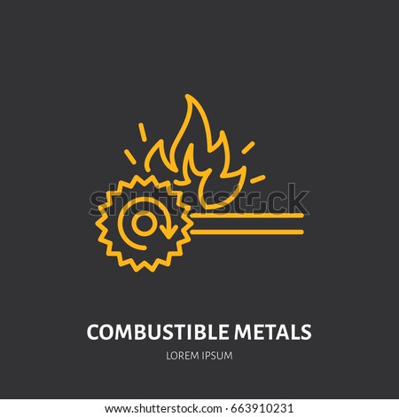 Fire extinguisher type flat line sign of combustible metals. Flame protection thin linear icon, pictogram.