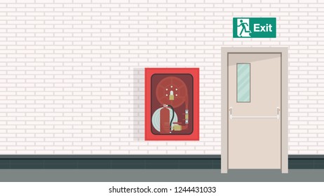 Fire extinguisher vector. Exit door wallpaper. copy space.