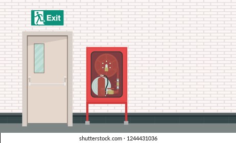 Fire extinguisher vector. Exit door wallpaper. copy space.