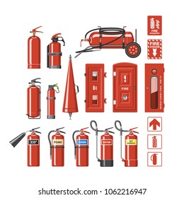 Extintor vectorial de extinción de incendios para garantizar la seguridad y la protección para extinguir el conjunto de ilustraciones contra incendios de equipos de extinción de bomberos aislados en fondo blanco