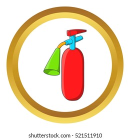 Fire extinguisher vector icon in golden circle, cartoon style isolated on white background