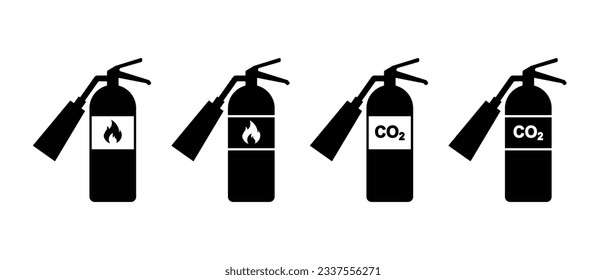 Iconos vectoriales del extinguidor de incendios establecidos. Símbolo co2 del tanque de extinción