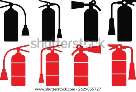 Fire Extinguisher Vector Icons Set red and black clour– Silhouette and Solid Style Safety Symbols Collection .
