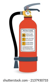 Extintor de incendios. Imagen aislada del vector. Dispositivo de protección contra incendios utilizado en situaciones de emergencia. Recipiente rojo con pegatina de instrucciones de extinción de incendios, manguera de presión y manguera de incendios.