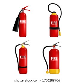 Fire extinguisher vector protection to extinguish flame. Red fire extinguisher emergency danger.
