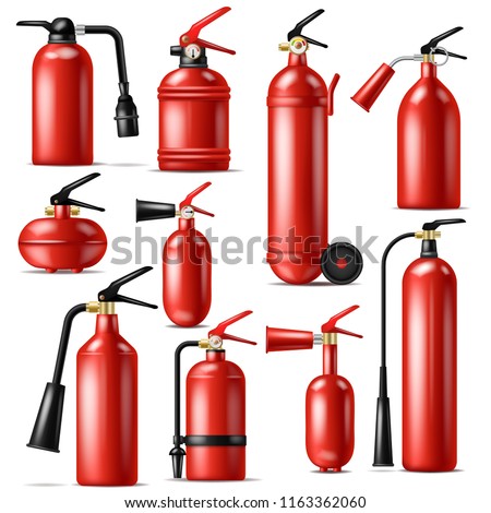 Fire extinguisher vector protection to extinguish flame with fire-extinguisher illustration set of extinguishing equipment of firefighter isolated on white background