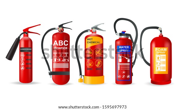 Fire Extinguisher Vector Set Realistic Firefighting Stock Vector ...