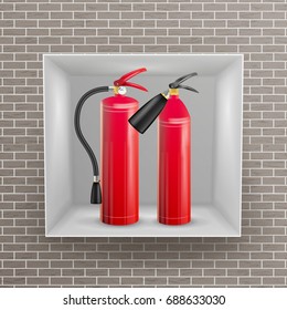 Fire Extinguisher In Wall Niche Vector. Realistic Red Fire Extinguisher Illustration
