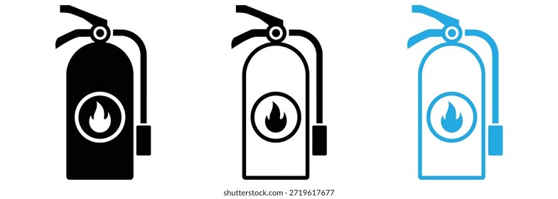 Extintores de incendios en colores negro, blanco, naranja y azul, conjunto de iconos de extinguidor de incendios. Icono de extinguidor de incendios. Seguridad contra incendios. Ilustración vectorial,
