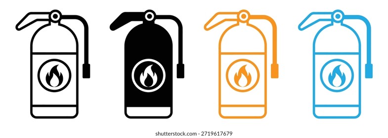 Extintores de incendios en colores negro, blanco, naranja y azul, conjunto de iconos de extinguidor de incendios. Icono de extinguidor de incendios. Seguridad contra incendios. Ilustración vectorial,