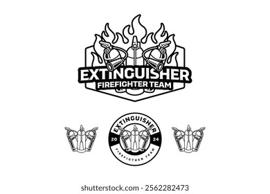 fire extinguishers with fire blaze background outline logo design. fire extinguisher with flame burning badge logo design set. for rescuer, survivor, patrol, safety equipment store 