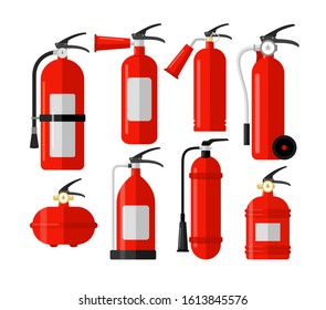 Fire extinguishers colorful flat vector illustrations set. First alert, emergency. Fire protection equipment. Flame prevention tools pack isolated on white background.