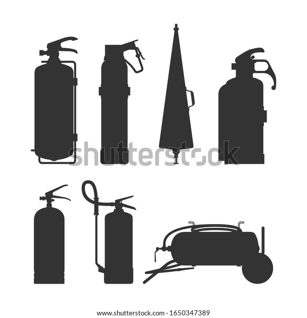 Fire extinguishers and\
equipment silhouette vector illustration. Cartoon black on white\
firefighter tools set. Elements of the fire asphyxiators of\
different forms.