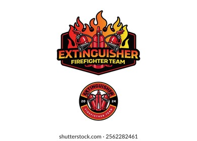 fire extinguishers with flame burning background colorful logo design. red fire extinguisher with fire blaze badge logo design set. for rescuer, survivor, patrol, safety equipment store 