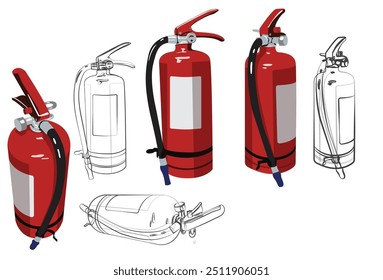 Extintores de incêndio esboços de linha em fundo branco. Ilustração vetorial. Extintores de incêndio a cores.