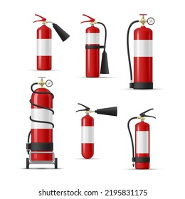 Fire Extinguishers Red Firefighter Emergency Manual Chemical Spray Hazard Safety Set Realistic Vector Illustration. Portable Container With Gas Dioxide Nitrogen Powder Safeguard Classification