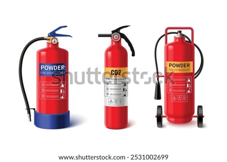 Fire extinguishers set isolated on white background. Vector realistic illustration of 3d red cylinders with firefighting foam and powder, manual instruction stickers, emergency prevention equipment