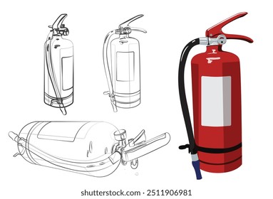 Extintores de incêndio esboços vetoriais com linha preta. Extintores de incêndio ilustração a cores isolada sobre fundo branco.