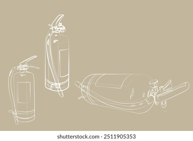 Fire extinguishers white line sketches on brown background.