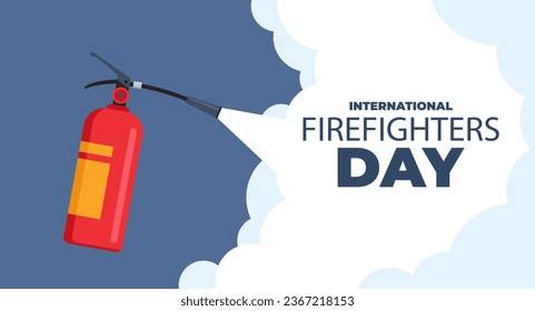 extinción de incendios. La espuma del extintor rojo autónomo se derrama en el fuego. Cartel, afiche o plantilla para el día internacional de los bomberos. Ilustración del vector