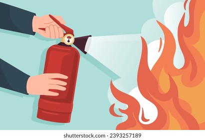 Concepto de extinción de incendios. Seguridad y protección en la oficina. Empresario con extintor de incendios cerca de la llama. Acidente y desastre. Elemento gráfico para el sitio web. Dibujo vectorial plano de dibujos animados