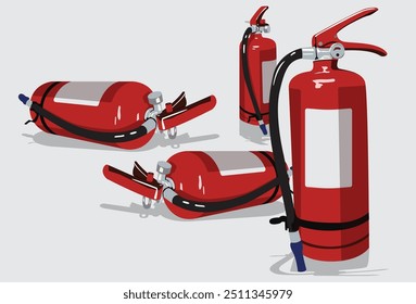 Equipo de extinción de incendios. Muchos tanques de extinción de incendios. Diferentes puntos de vista. herramienta de Profesional. Ilustración vectorial 3D realista. 