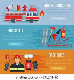 Fire extinguishing or firefighting vector banners set of fire engine truck with ladder, extinguisher spade and hydrant hose, hammer and scoop, siren alarm and firefighter in safety protective uniform