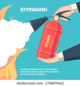 Ilustración de extinción de incendios. Manos con extintores de espuma de extinción rojos autónomos se derraman sobre el fuego con concepto de seguridad de campanas, advertencia protectora. Plantilla vectorial plana.