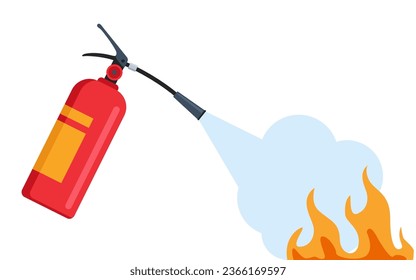 Ilustración de extinción de incendios. Manos con extintores de espuma de extinción rojos autónomos se derraman sobre el fuego con concepto de seguridad de campanas, advertencia protectora. Plantilla vectorial plana.