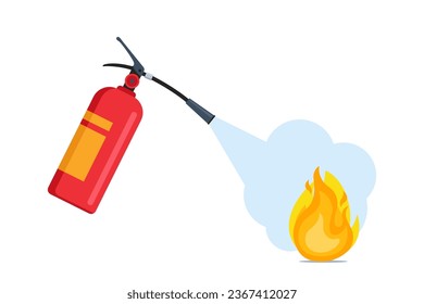 Fire extinguishing illustration. Hands holding autonomous red fire extinguisher foam spills onto fire with bell safety concept, protective warning. Flat vector template.