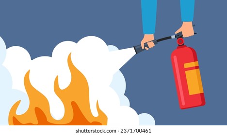 Fire extinguishing illustration. Hands holding autonomous red fire extinguisher foam spills onto fire with bell safety concept, protective warning. Flat vector template.