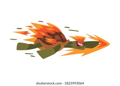 Fire Fast Turtle, Tortoise Animal Cartoon Character Speed Leader Vector Illustration on White Background