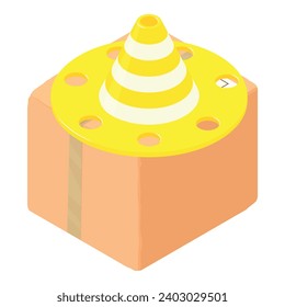 Fire fencing icon isometric vector. Striped yellow fire cone and postal parcel. Firefighter equipment