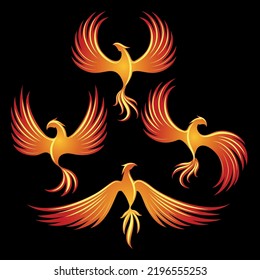 Fire fenix. Burn phoenix logo elements, burning flying birds spiritual icons, beautiful mythical firebird icons for luxury emblems, ignite heraldic birdes, vector illustration