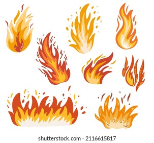 Fire. Fiery flame, bright fireball, thermal forest fire and a red-hot bonfire. Flames of different shapes. Vector fire flame icons in cartoon style.